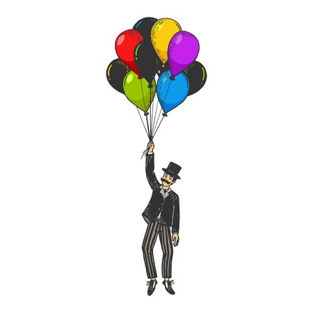 Old fashioned gentleman flying on air balloons color sketch engraving vector illustration. Scratch board style imitation. Black and white hand drawn image.のイラスト素材