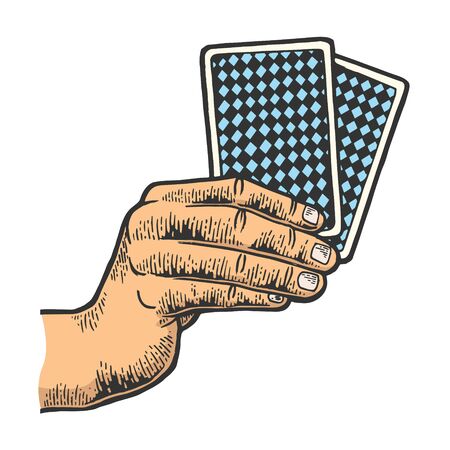 Poker playing cards in hands color sketch engraving vector illustration. Scratch board style imitation. Black and white hand drawn image.のイラスト素材