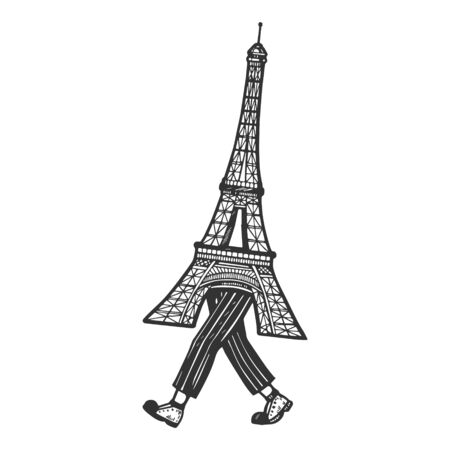 Eiffel Tower walks on its feet sketch engraving vector illustration. Scratch board style imitation. Black and white hand drawn image.のイラスト素材
