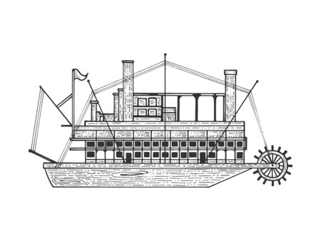 Vintage steam ship boat sketch engraving vector illustration. Tee shirt apparel print design. Scratch board style imitation. Hand drawn image.のイラスト素材