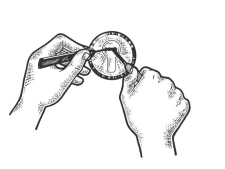 Hands pick lock with Lock picking tools sketch engraving vector illustration. Tee shirt apparel...
