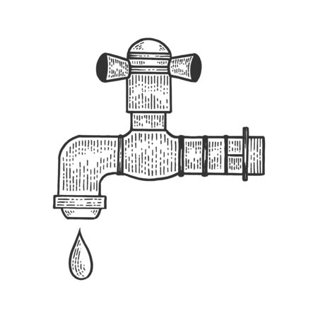 Water tap with drop sketch engraving vector illustration. Tee shirt apparel print design.のイラスト素材