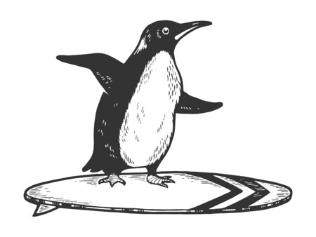 Penguin bird rides on surfboard sketch engraving vector illustration.のイラスト素材