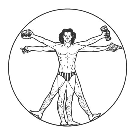 Party club Vitruvian Man with beer pizza and cigar sketch engraving vector illustration.のイラスト素材