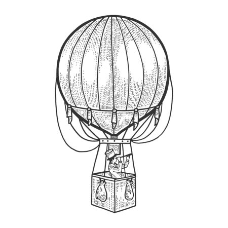 Gentleman looks in telescope in basket of air balloon.のイラスト素材