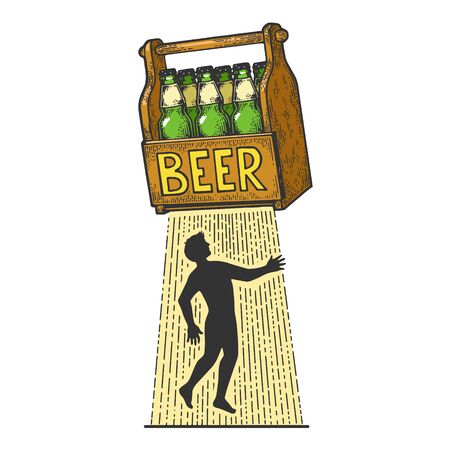 Beer kidnaps human person color sketch engraving vector illustration. Tee shirt apparel print design. Scratch board style imitation. Black and white hand drawn image.のイラスト素材