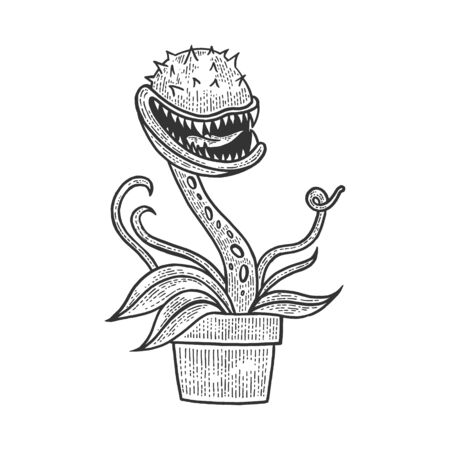 Cartoon flower with teeth sketch engraving vector illustration. Tee shirt apparel print design. Scratch board style imitation. Black and white hand drawn image.のイラスト素材