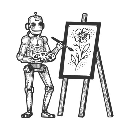 Robot artist painter sketch engraving vector illustration. Tee shirt apparel print design. Scratch board style imitation. Black and white hand drawn image.のイラスト素材