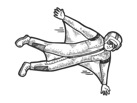 Wingsuit flying sketch engraving vector illustration. Tee shirt apparel print design. Scratch board style imitation. Black and white hand drawn image.のイラスト素材