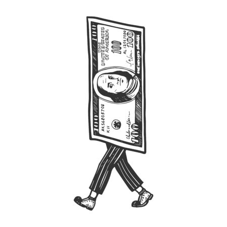 One hundred USA dollars cash walks on its feet sketch engraving vector illustration. T-shirt apparel print design. Scratch board style imitation. Black and white hand drawn image.のイラスト素材