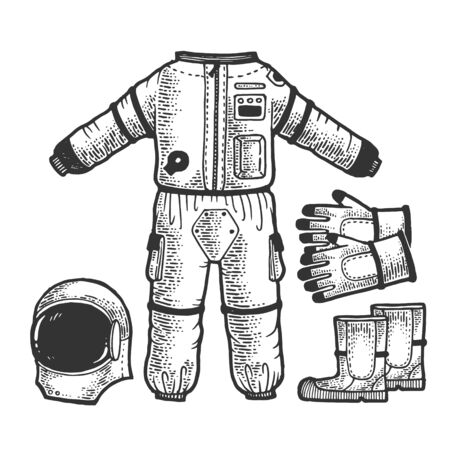 Astronaut Spacesuit sketch engraving vector illustration. T-shirt apparel print design. Scratch board style imitation. Black and white hand drawn image.のイラスト素材