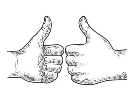 Thumb up hand gesture sketch engraving vector illustration. Recommend. Scratch board imitation. Black and white hand drawn image.のイラスト素材