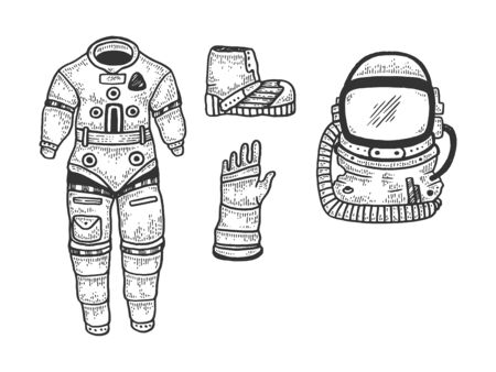 Astronaut Spacesuit sketch engraving vector illustration. T-shirt apparel print design. Scratch board style imitation. Black and white hand drawn image.のイラスト素材