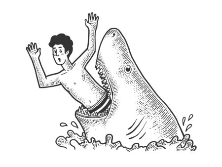 Big shark eat man sketch engraving vector illustration. T-shirt apparel print design. Scratch board style imitation. Black and white hand drawn image.のイラスト素材