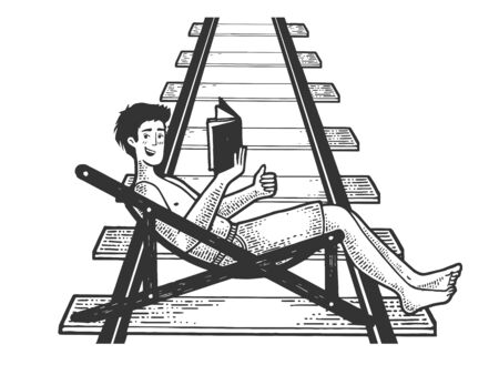 Optimistic man resting in deck chair with book on railway track waiting for the train sketch engraving vector illustration. T-shirt apparel print design. Scratch board style imitation.のイラスト素材