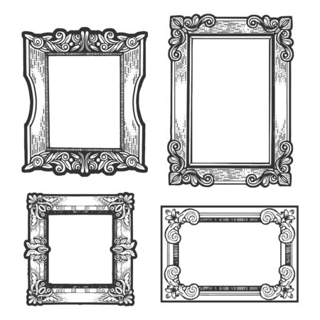 Vintage picture frames set sketch engraving vector illustration. T-shirt apparel print design. Scratch board imitation. Black and white hand drawn image.のイラスト素材