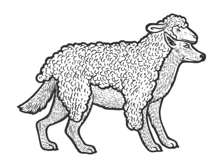 Wolf in sheeps clothing sketch engraving vector illustration. T-shirt apparel print design. Scratch board style imitation. Black and white hand drawn image.のイラスト素材