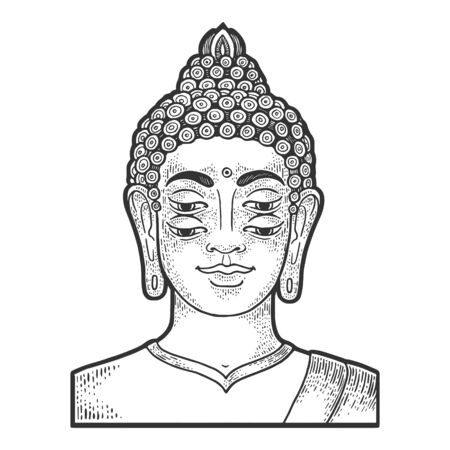 Four eyes buddha engraving vector illustration. T-shirt apparel print design. Scratch board style imitation. Black and white hand drawn image.のイラスト素材