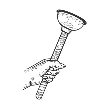 Plunger in hand sketch engraving vector illustration. T-shirt apparel print design. Scratch board style imitation. Black and white hand drawn image.のイラスト素材