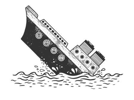 Sinking steamboat ship sketch engraving vector illustration. T-shirt apparel print design. Scratch board style imitation. Hand drawn image.のイラスト素材