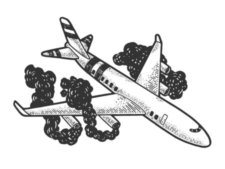 Airplane crash sketch engraving vector illustration. T-shirt apparel print design. Scratch board style imitation. Hand drawn image.のイラスト素材