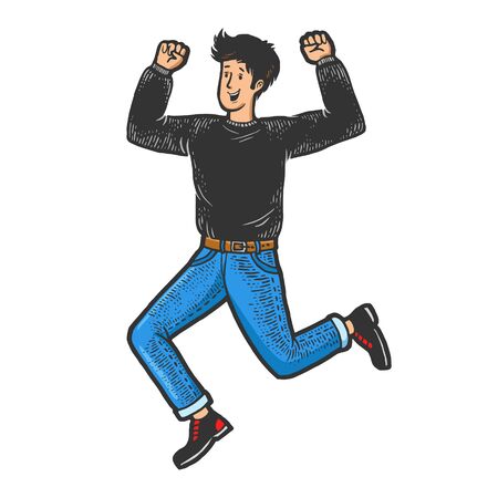 Happy jumping dancing man sketch engraving vector illustration. T-shirt apparel print design. Scratch board style imitation. Black and white hand drawn image.のイラスト素材