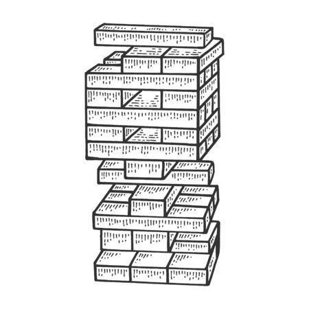 Wooden block tower game sketch engraving vector illustration. T-shirt apparel print design. Scratch board style imitation. Black and white hand drawn image.のイラスト素材