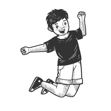 Happy jumping dancing child sketch engraving vector illustration. T-shirt apparel print design. Scratch board style imitation. Black and white hand drawn image.のイラスト素材