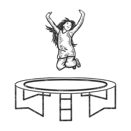 Happy jumping child on trampoline sketch engraving vector illustration. T-shirt apparel print design. Scratch board style imitation. Black and white hand drawn image.のイラスト素材