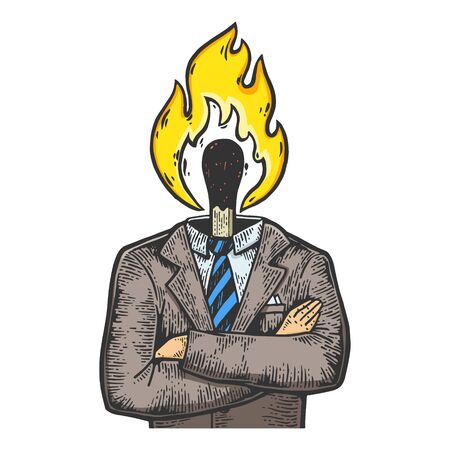 Burning match head businessman sketch engraving vector illustration. T-shirt apparel print design. Scratch board style imitation. Black and white hand drawn image.のイラスト素材