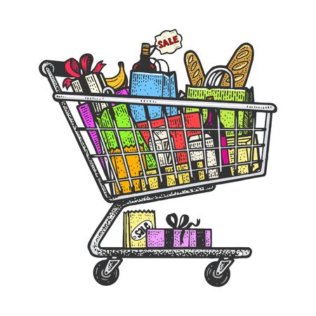 Shopping cart with products sketch engraving vector illustration. T-shirt apparel print design. Scratch board style imitation. Black and white hand drawn image.のイラスト素材