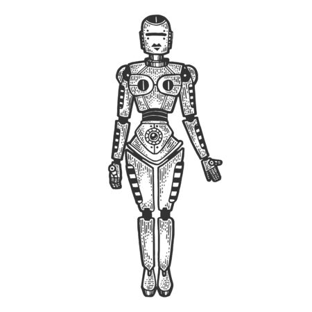 Robot woman sketch engraving vector illustration. T-shirt apparel print design. Scratch board style imitation. Black and white hand drawn image.のイラスト素材