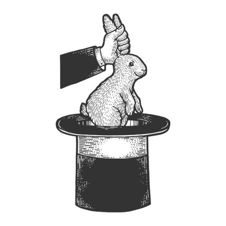 Circus illusionist takes rabbit out of the cylinder top hat sketch engraving vector illustration. T-shirt apparel print design. Scratch board style imitation. Black and white hand drawn image.のイラスト素材