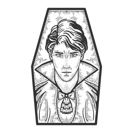 Vampire guy fairy tale character like in horror movie sketch engraving vector illustration. T-shirt apparel print design. Scratch board imitation. Black and white hand drawn image.のイラスト素材