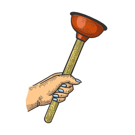 Plunger in hand sketch engraving vector illustration. T-shirt apparel print design. Scratch board style imitation. Black and white hand drawn image.のイラスト素材