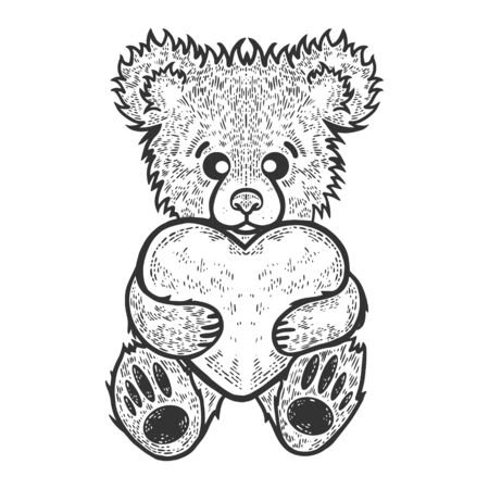 Heart with Teddy bear toy sketch engraving vector illustration. T-shirt apparel print design. Scratch board style imitation. Black and white hand drawn image.のイラスト素材