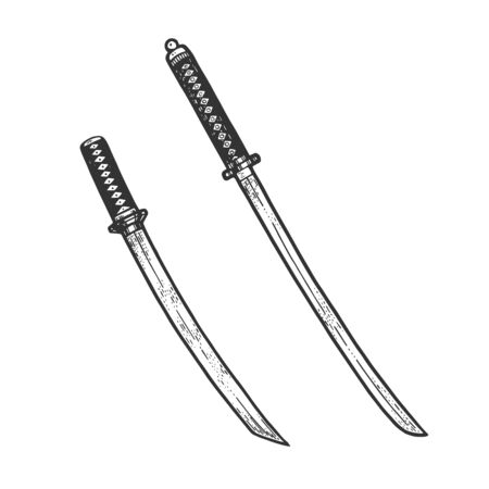Japanese sword Katana and Wakizashi sketch engraving vector illustration. T-shirt apparel print design. Scratch board style imitation. Hand drawn image.のイラスト素材