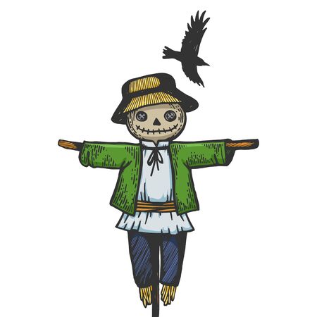 Farm rural scarecrow with flying crow bird sketch engraving vector illustration. T-shirt apparel print design. Scratch board style imitation. Black and white hand drawn image.のイラスト素材