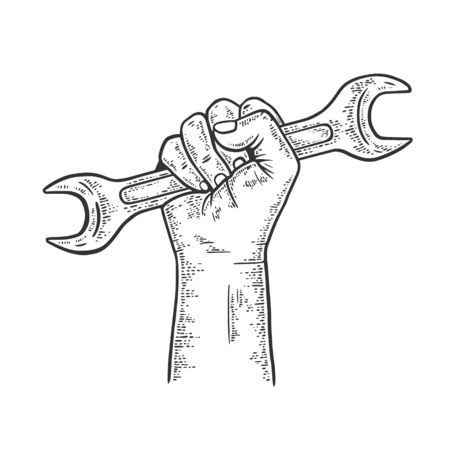 Wrench in fist sketch engraving vector illustration. T-shirt apparel print design. Scratch board imitation. Black and white hand drawn image.のイラスト素材