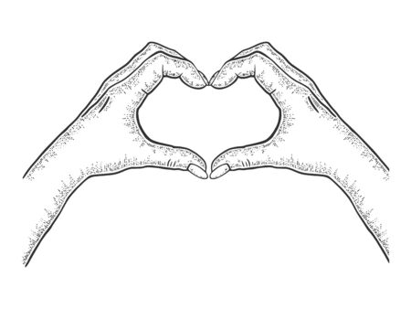 Hands making heart symbol sketch engraving vector illustration. Romantic love lovesickness symbol. T-shirt apparel print design. Scratch board imitation. Black and white hand drawn image.のイラスト素材
