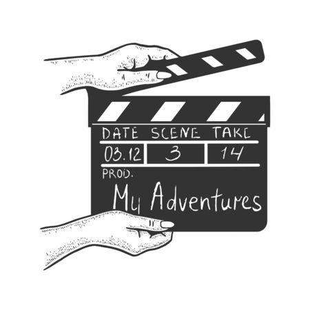 Movie clapperboard in hands sketch engraving vector illustration. T-shirt apparel print design. Scratch board style imitation. Hand drawn image.のイラスト素材