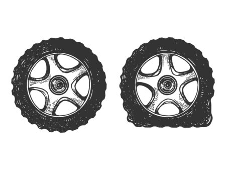 Normal and flat tire set sketch engraving vector illustration. T-shirt apparel print design. Scratch board style imitation. Hand drawn image.のイラスト素材