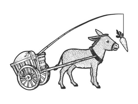 Donkey chasing carrot that is tied to him and drags cart with load sketch engraving vector illustration. T-shirt apparel print design. Scratch board style imitation. Black and white hand drawn image.のイラスト素材