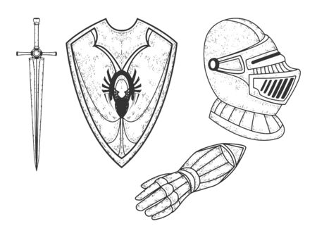 Knight armour set sketch engraving vector illustration. T-shirt apparel print design. Scratch board style imitation. Black and white hand drawn image.のイラスト素材