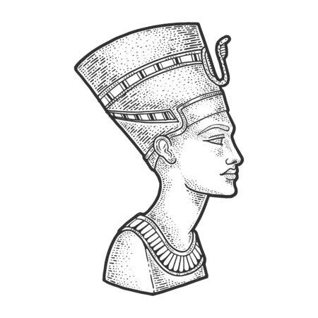 Nefertiti Ancient Egyptian Pharaoh statue  engraving illustration. T-shirt apparel print design. Scratch board imitation. Black and white hand drawn image.のイラスト素材