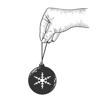 Christmas ball in hand sketch engraving vector illustration. T-shirt apparel print design. Scratch board style imitation. Black and white hand drawn image.のイラスト素材