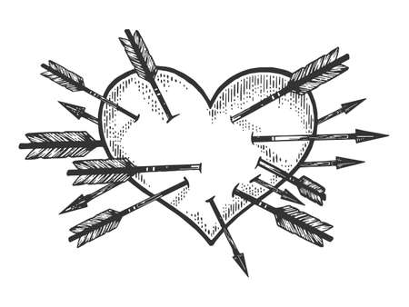 Heart symbol pierced with many arrows sketch engraving illustration. Romantic love symbol. T-shirt apparel print design. Scratch board imitation. Black and white hand drawn image.のイラスト素材