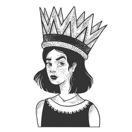 Girl in a huge royal crown sketch engraving illustration. Inflated self-esteem metaphor. T-shirt apparel print design. Scratch board style imitation. Black and white hand drawn image.のイラスト素材
