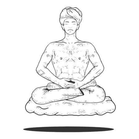 Yogi meditating and floating on cloud sketch engraving vector illustration. Scratch board style imitation. Black and white hand drawn image.のイラスト素材