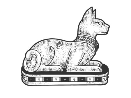 Ancient Egyptian cat statue sketch engraving vector illustration. T-shirt apparel print design. Scratch board imitation. Black and white hand drawn image.のイラスト素材